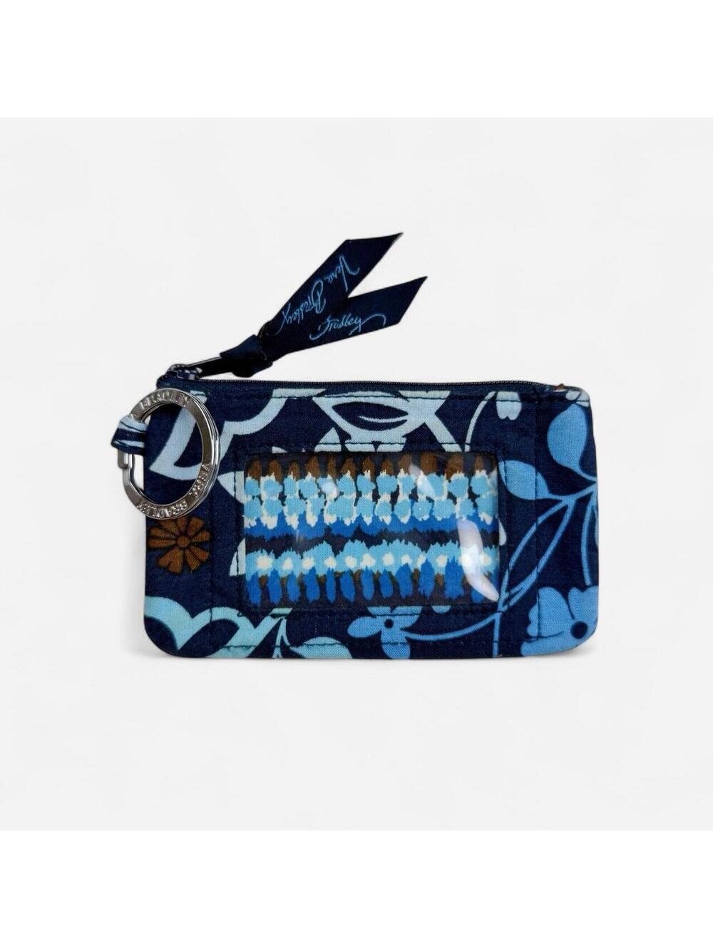Vera Bradley Zip ID Case Coin Purse Navy Blue Floral Keyring Wallet Quilted
